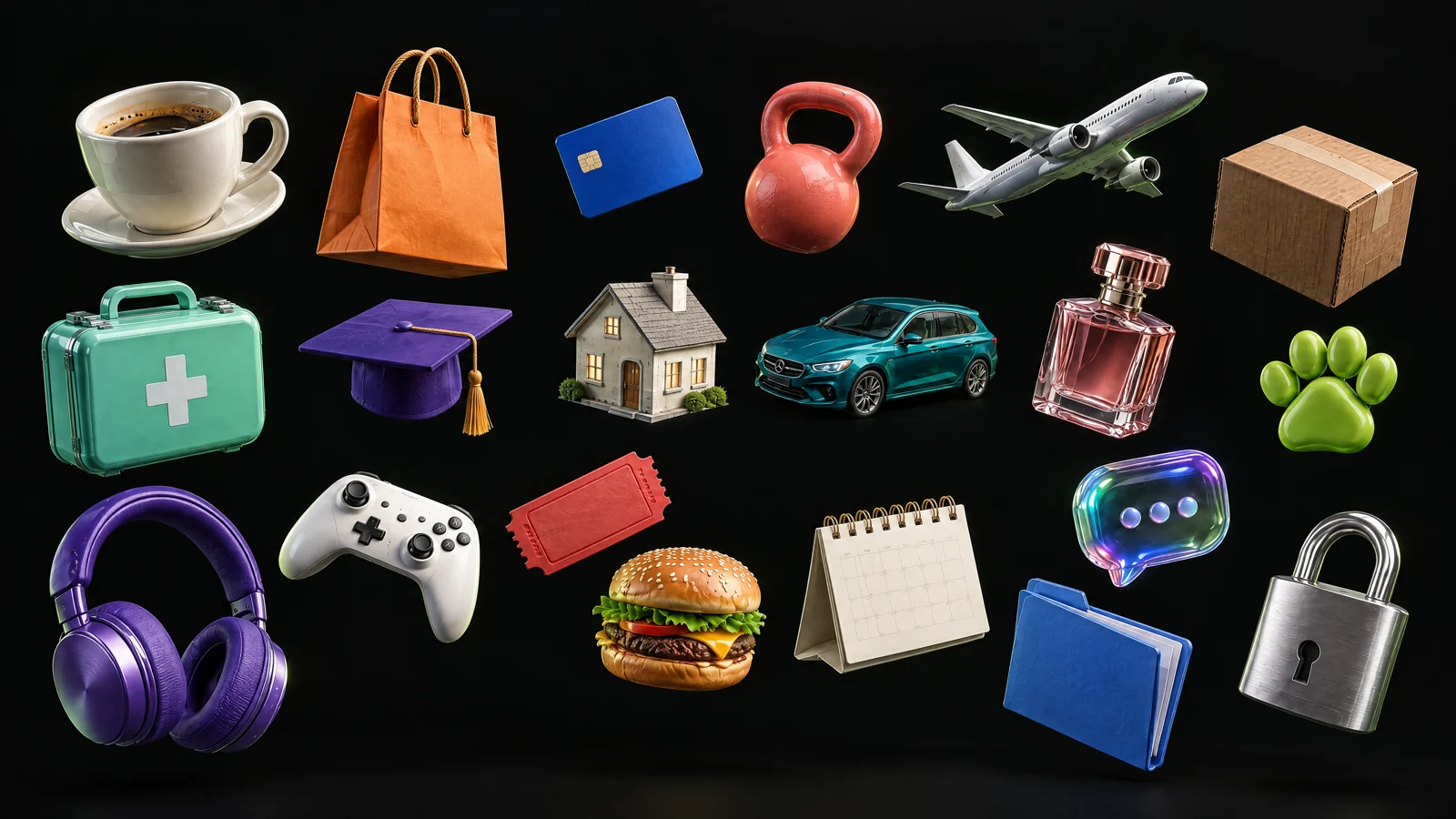 Objects from 20 industries: finance, healthcare, education, delivery, sports, travel and more